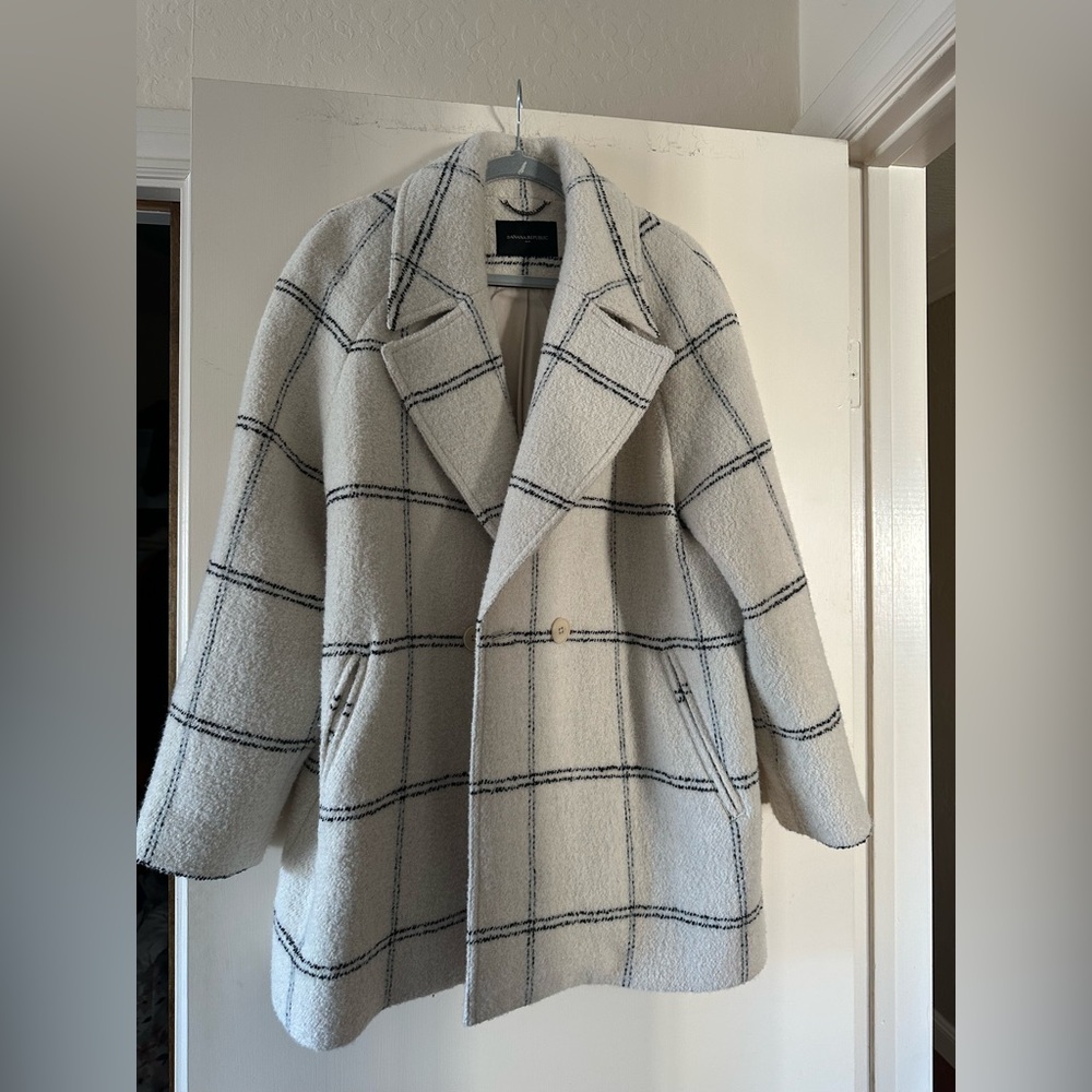 Banana Republic Cream and Black Plaid Pea Coat
